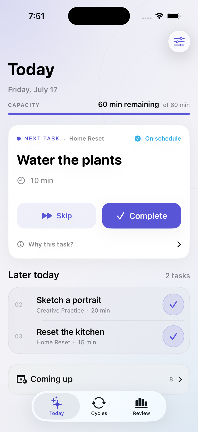Cycles showing today’s recurring work plan and next task